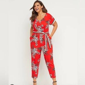 Lane Bryant Women's Jumpsuit 18 Red Floral V-neck Belt Pockets Romper boho NWT